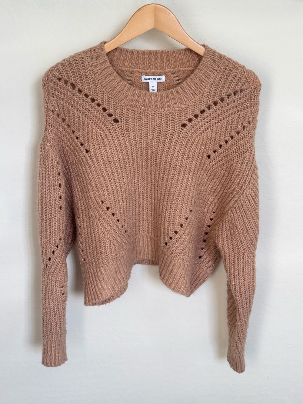 Elizabeth & James Cropped Open Knit Pointelle Sweater Brown M Soft Stretch